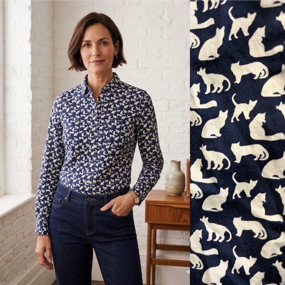 GAP Navy‎ White Cat Kitty Kitten Printed Button-Up Shirt Quirky Novelty Teacher